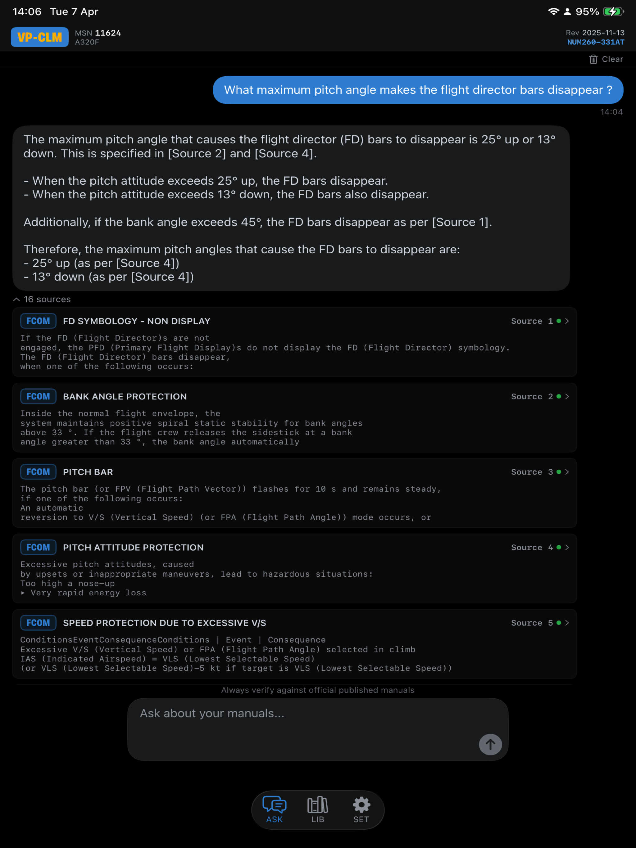 askM answering a technical question with source citations on iPad