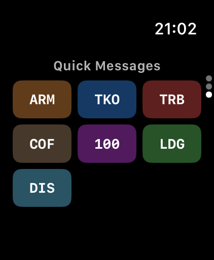 Off 2 Apple Watch app — three glanceable pages including pilot panel and chat