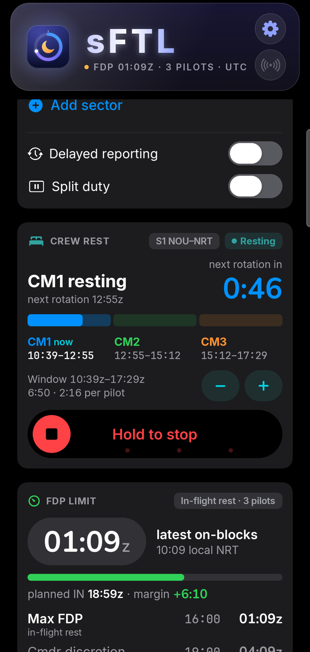 sFTL crew rest card with the current rest period, countdown and rotation slots