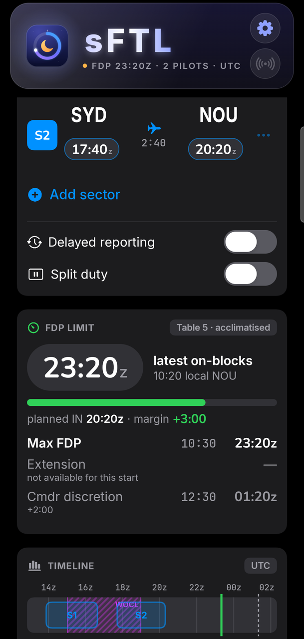sFTL FDP limit card showing the latest on-blocks time and the planned margin