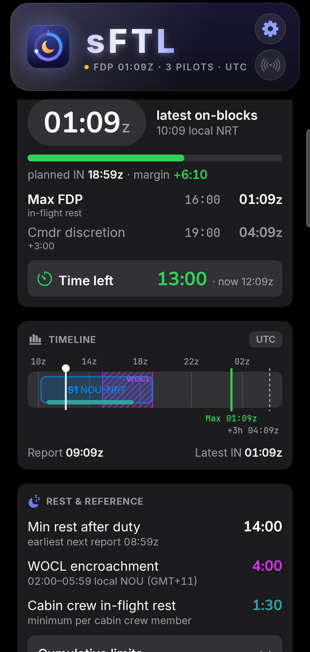 sFTL duty timeline in clock time with sectors, WOCL and limit markers