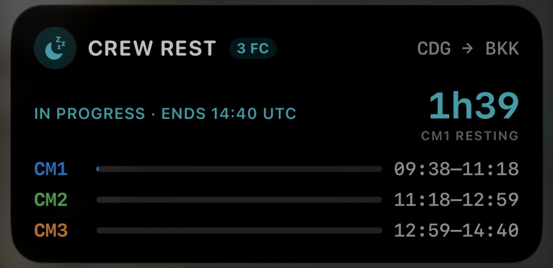 sQRH crew rest Live Activity on the iPhone lock screen, showing who is resting and the time left