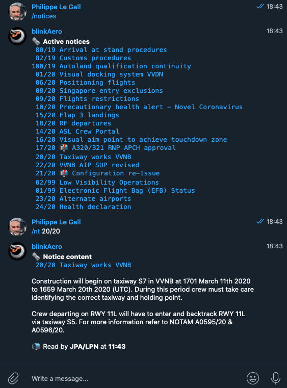 Crew Notices list view on crew device