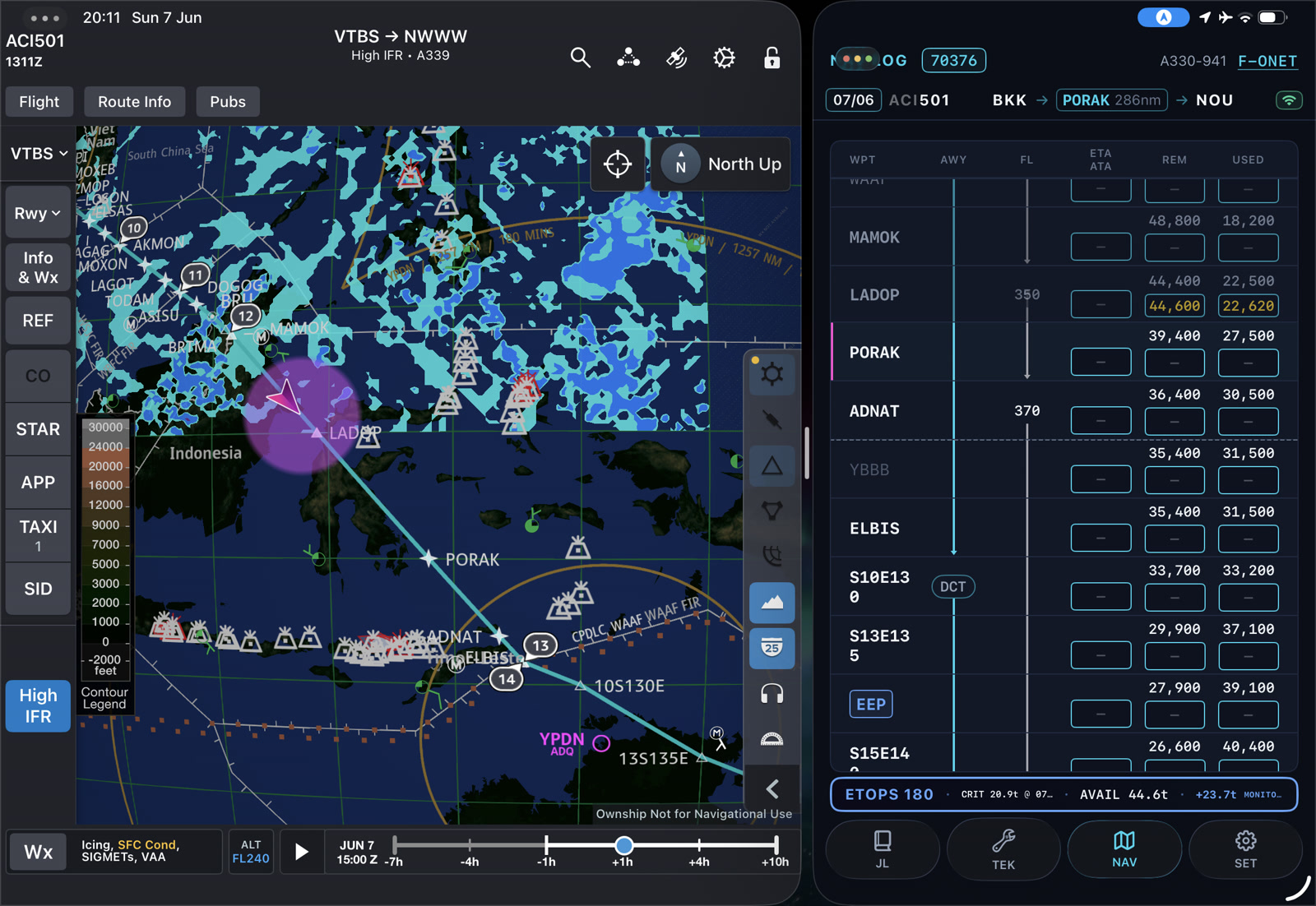 Crew iPad in a full-flight simulator showing live ownship position on the EFB moving map next to the operational flight log
