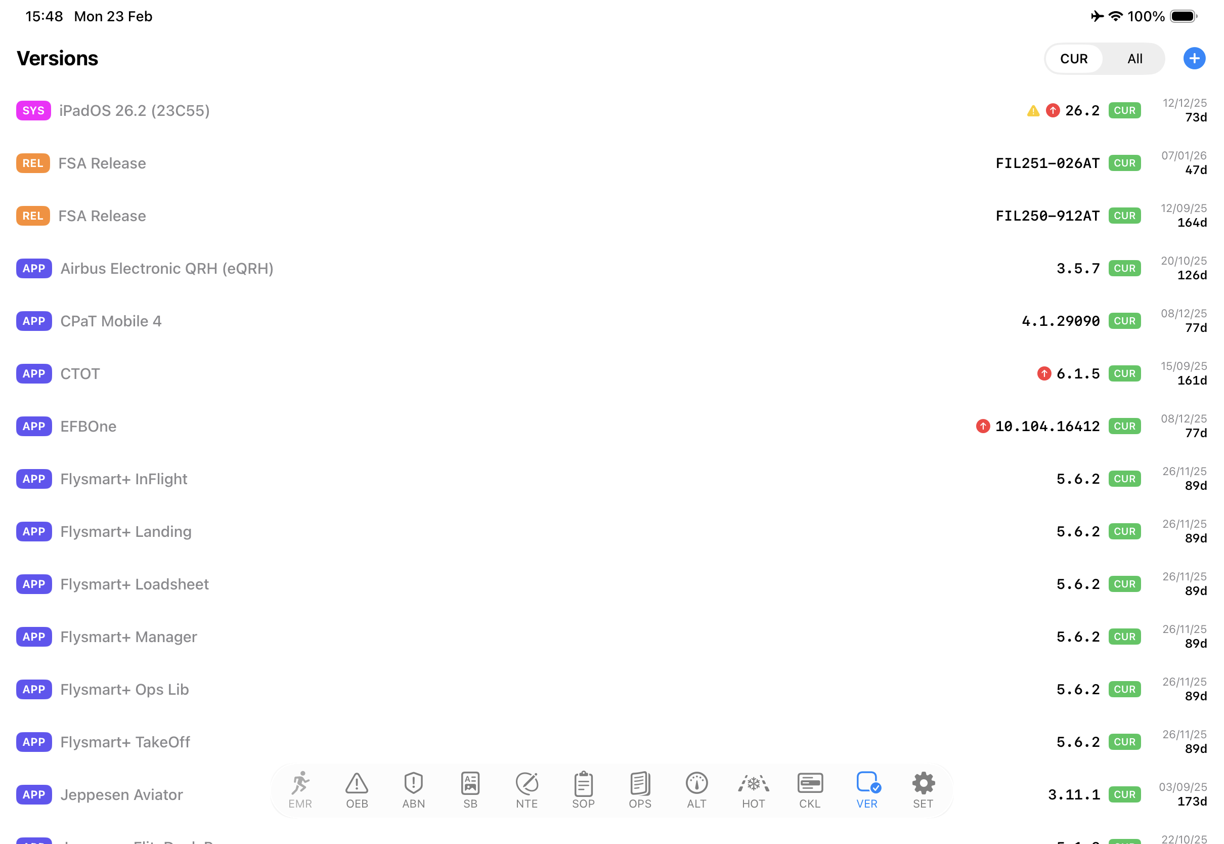 sQRH Versions module on iPad