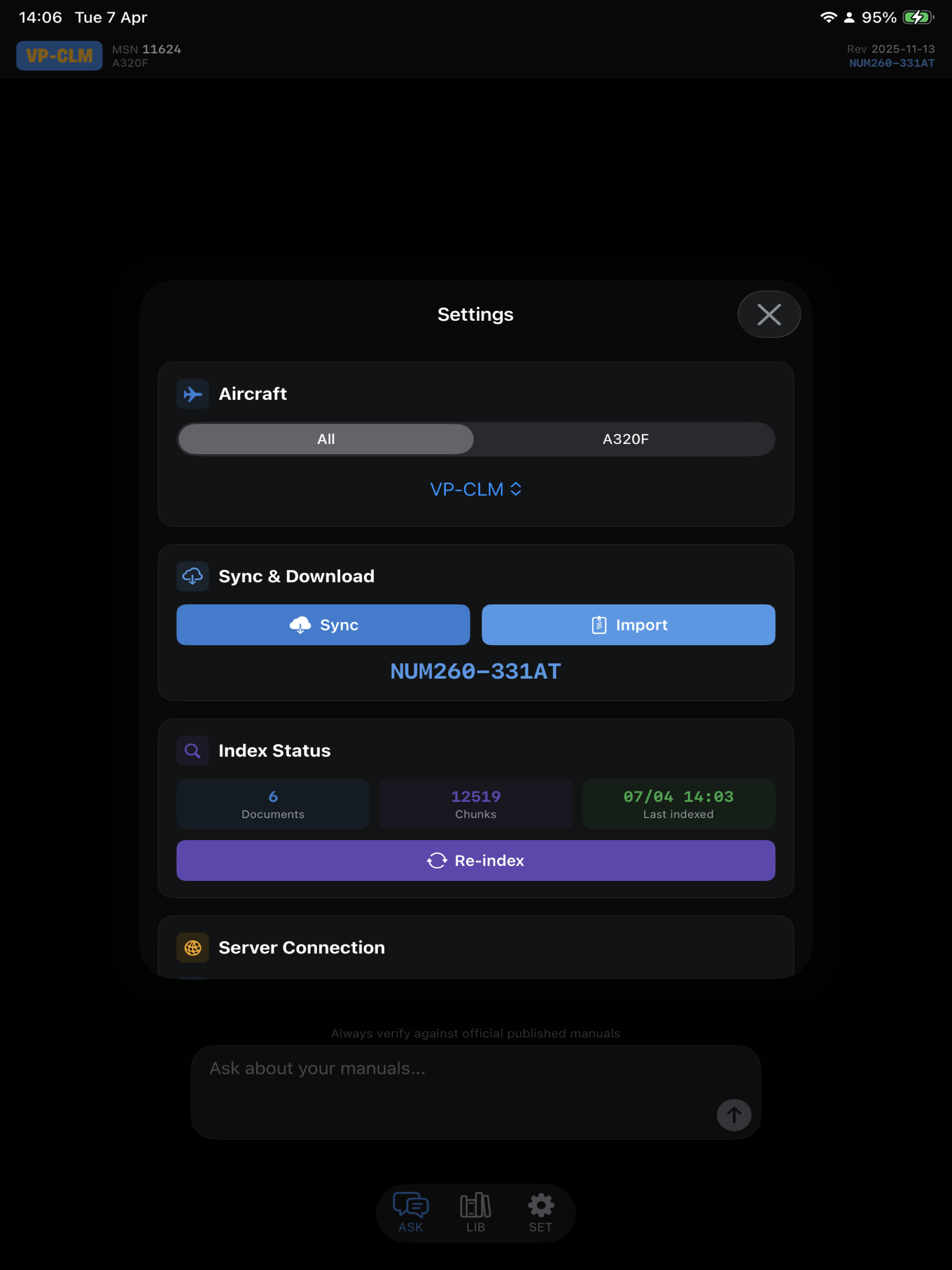 askM settings panel with sync, indexing, and aircraft selection