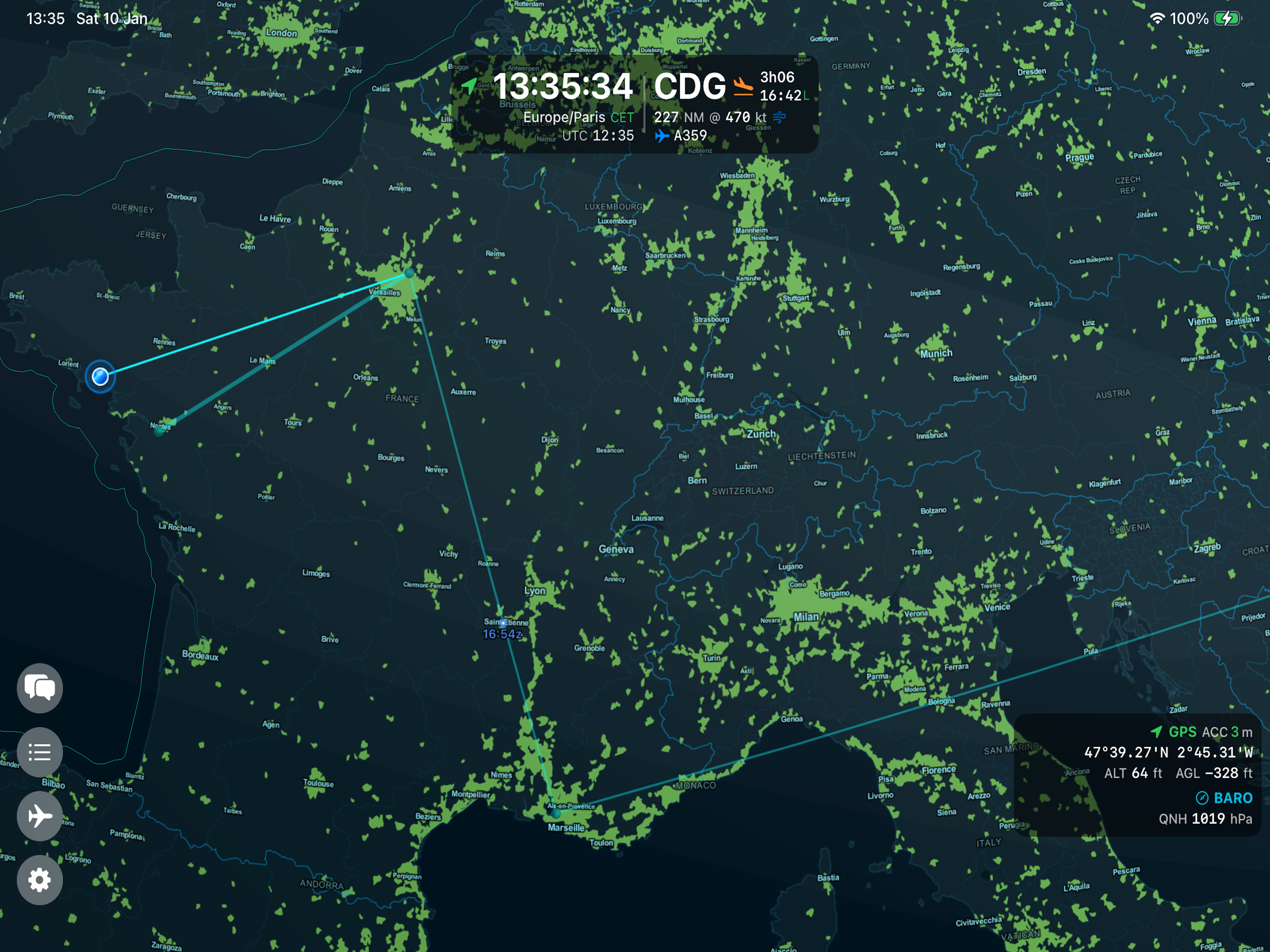 Off 2 flight tracking on iPad with route and terminator