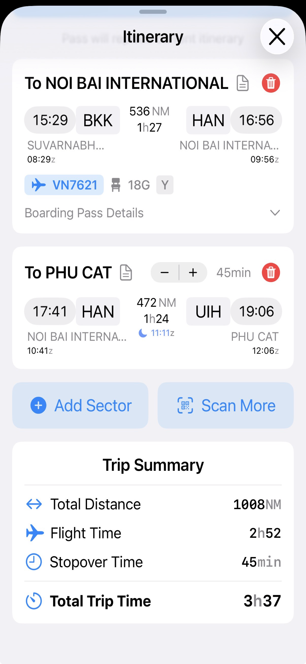 Off 2 multi-sector itinerary with boarding pass data